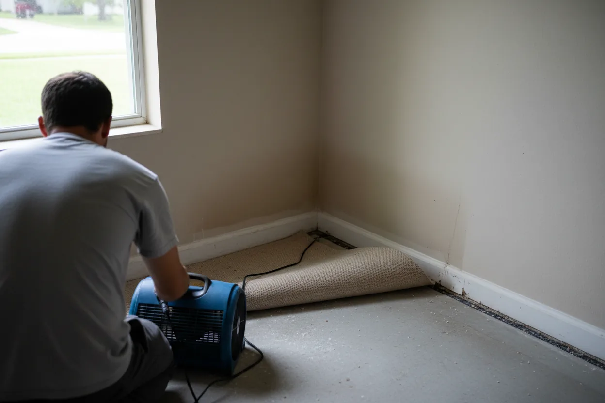 Restoration technician placing an air mover against wet baseboard in a Gainesville home