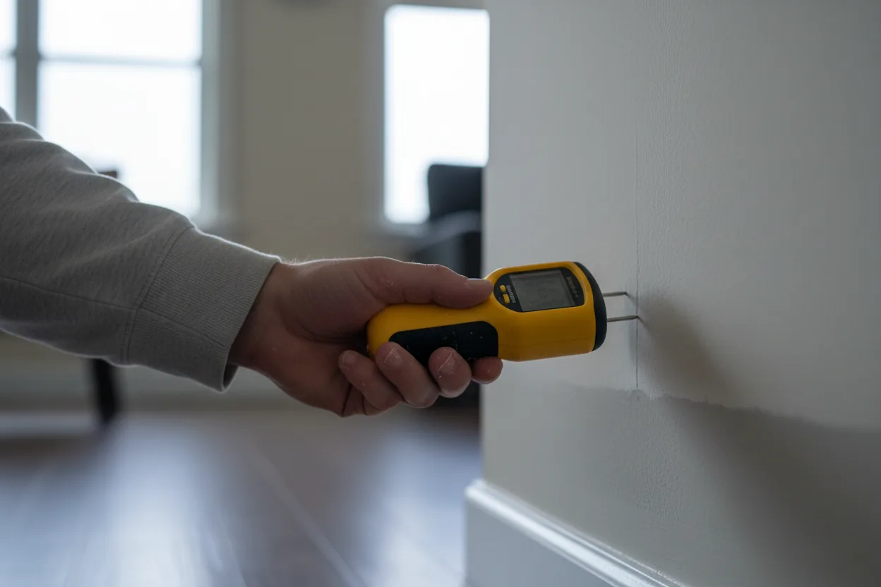 Moisture meter held against drywall to map the wet footprint before extraction