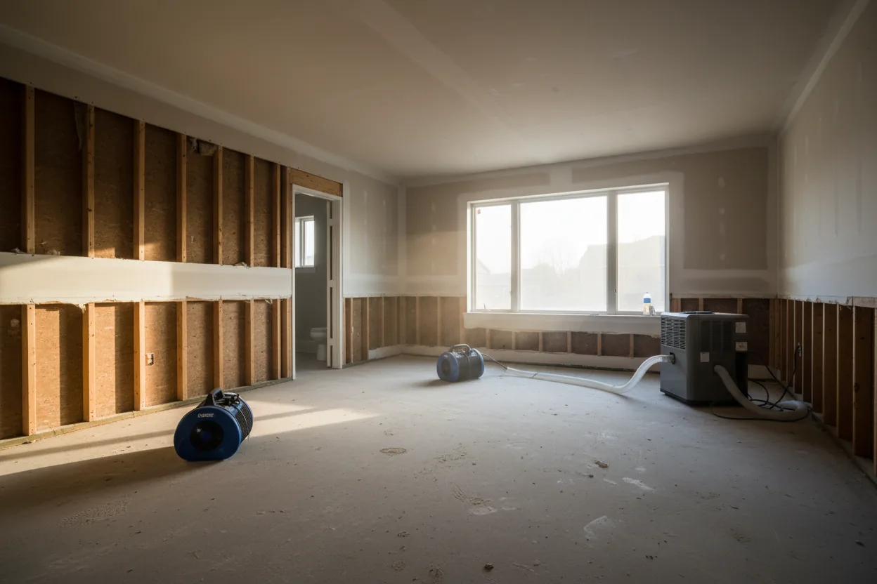 Air movers and a dehumidifier running on a bare slab in a Gainesville room cut back to studs during structural drying